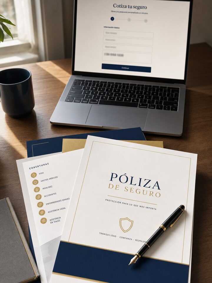 Laptop sobre escritorio de madera con cotizador en línea y un stack de documentos de póliza apilados al frente, ilustrando la brecha entre el número del cotizador y la prima firme.