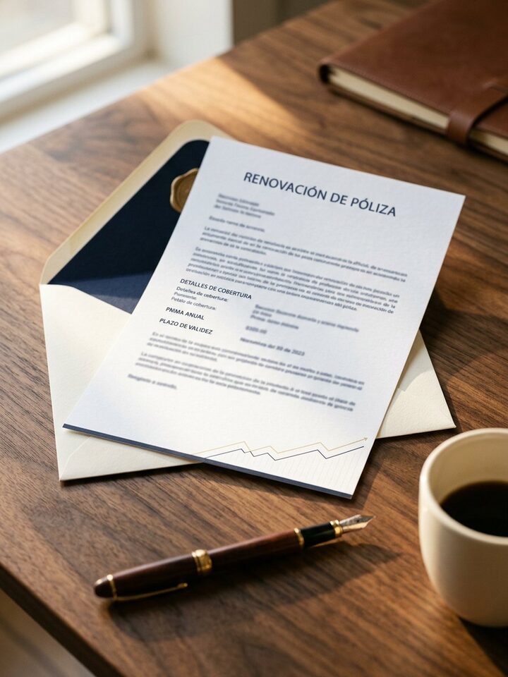 Carta de renovación de póliza saliendo de un sobre sobre escritorio de madera, con pluma fuente y taza de café, representando el momento de decidir antes de firmar la renovación.